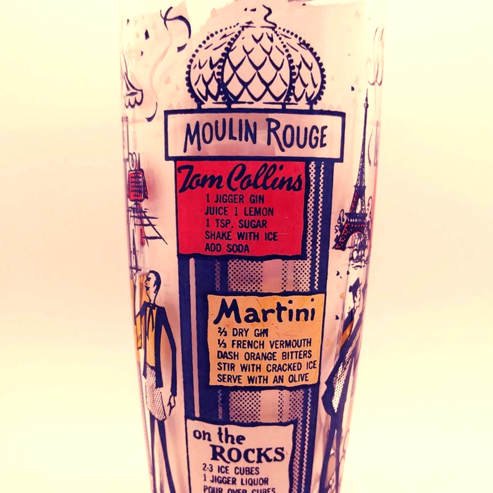 Cocktail Mixer Glass Vintage Paris Theme Moulin Rouge MCM